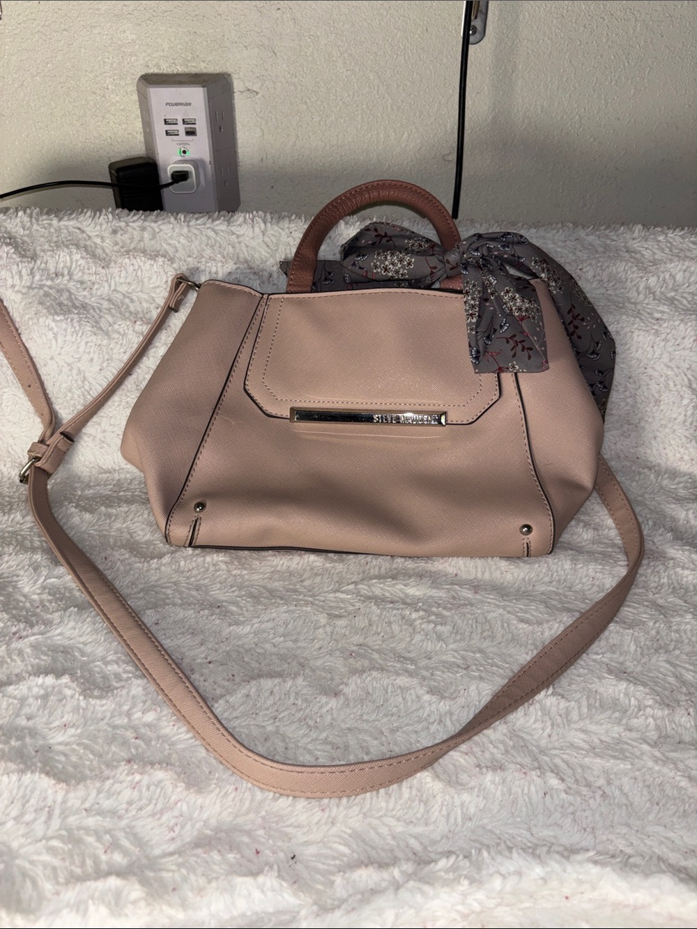 Steve Madden Blush Pink Pebble-Texture Satchel with Scarf Accent